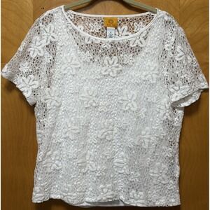 Ruby Rd. Womens Floral Lace Overlay Top w/ Tank Summer Beachy White Sz 14